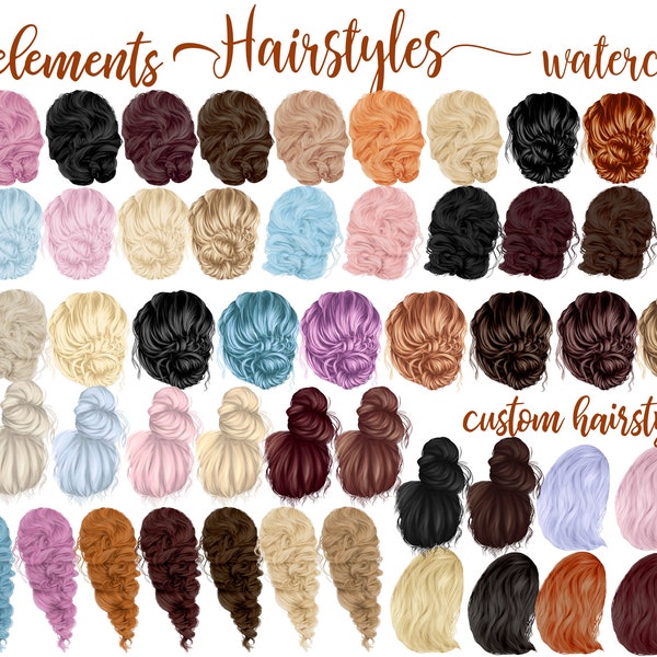 Hairstyles clipart: "FEMALE HAIRSTYLES" Custom hairstyles Long hair Bun hairstyles Bride hairstyles Watercolor clipart Fashion hairstyles