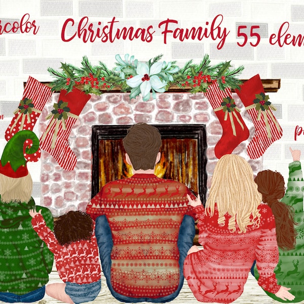 Christmas family clipart: "FAMILY CLIPART" Family Christmas Santa hat Parents and Kids Dog clipart Planner Graphics Fireplace clipart