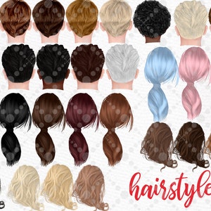 May include: An illustration of various hairstyles, including short, long, and ponytails, in a range of colors such as black, brown, blonde, and blue. The word "hairstyles" is written in red script at the bottom of the image.