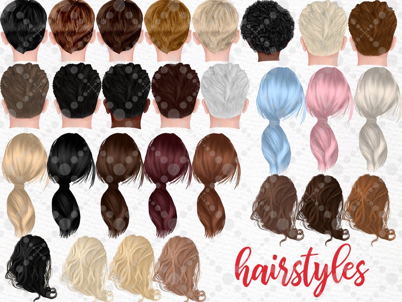 May include: An illustration of various hairstyles, including short, long, and ponytails, in a range of colors such as black, brown, blonde, and blue. The word "hairstyles" is written in red script at the bottom of the image.