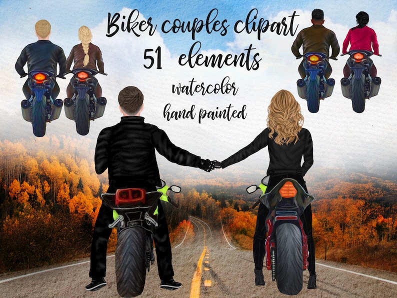 Pu&ograve; includere: Un'illustrazione ad acquerello di una coppia in moto. La coppia si tiene per mano e indossa giacche di pelle nere. Le moto sono nere e hanno luci posteriori rosse. Lo sfondo &egrave; un paesaggio autunnale con foglie colorate.