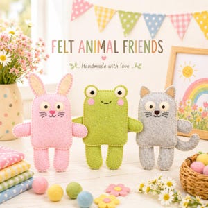 May include: Three handmade felt animal toys: a pink bunny, a green frog, and a gray cat. The toys are stitched with black thread and have embroidered details. The text "FELT ANIMAL FRIENDS" is displayed above the toys.
