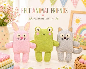 Filztier Nähen Muster Bundle PDF - Häschen Frosch Katze Plüsch-Muster, Niedliches Kinderzimmer Dekor, DIY Filzspielzeug, handgemachte Softie Muster