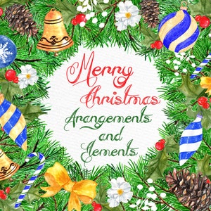 Boże Narodzenie akwarela clipart: "ozdoby świąteczne" Christmas Greeting Card Holiday clipart sezon clipartów DIY zaproszenia Christmas Decor