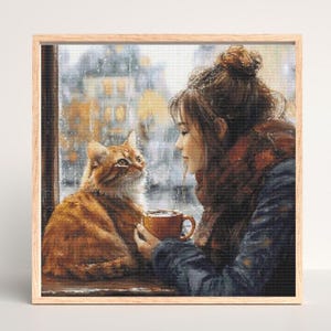 Girl with Cat Cross Stitch Pattern: Cozy Winter Scene (PDF Pattern)
