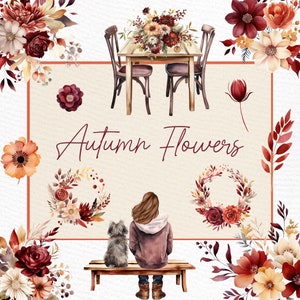 Bourgogne Fleurs d’automne clipart : « FILLE AVEC CHIEN » Fleurs d’automne en terre cuite Fleurs Boho Bourgogne et Blush Mariage Clipart Bouquets de Bourgogne