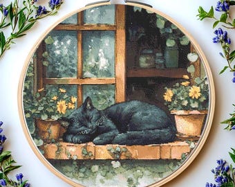Black Cat Cross Stitch Pattern: Gothic Window (PDF Pattern)