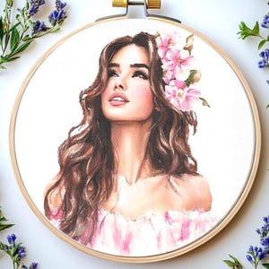 Girl with Flowers Cross Stitch Pattern: Portrait Design (PDF Pattern)
