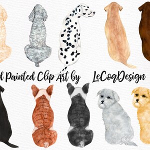 May include: Watercolor illustrations of ten different dog breeds, all sitting with their backs to the viewer. The dogs are painted in various colors, including brown, black, white, gray, and tan. The illustrations are labeled "Hand Painted Clip Art by LeCogDesign".