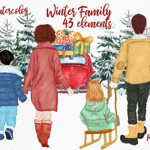 Clipart de Noël: « FAMILY CLIPART » Famille d’hiver Voiture de Noël Cartes de Noël Forêt de pins Parents et enfants Mug design Graphiques de Noël