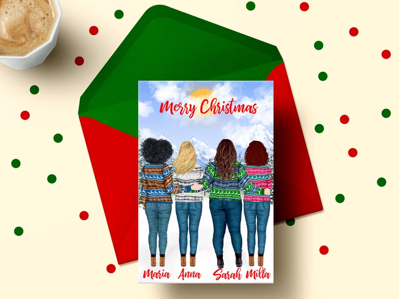 May include: A Christmas card featuring four women wearing colorful sweaters and jeans, standing together with their arms around each other. The card has the text "Merry Christmas" at the top and the names "Maria, Anna, Sarah, Milla" at the bottom.