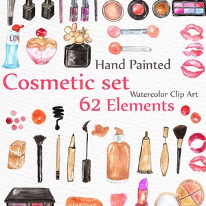 May include: Hand painted watercolor clip art set of 62 cosmetic elements, including lipsticks, eyeshadow palettes, brushes, mascara, perfume bottles, and nail polish.