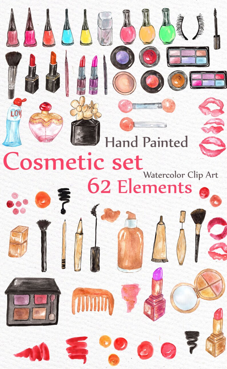 May include: Hand painted watercolor clip art set of 62 cosmetic elements, including lipsticks, eyeshadow palettes, brushes, mascara, perfume bottles, and nail polish.