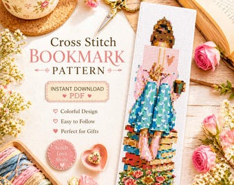 Lese Lesezeichen Mädchen Kreuzstich Muster PDF, Floral Buchliebhaber Lesezeichen, modernes Kreuzstich Design