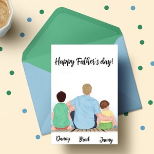 May include: A card with a drawing of three people sitting on a dock. The text on the card says "Happy Father's Day!" and the names "Danny", "Brad", and "Janny" are written below the people.