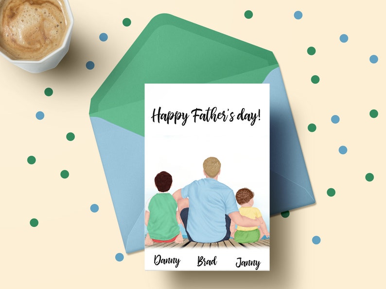May include: A card with a drawing of three people sitting on a dock. The text on the card says "Happy Father's Day!" and the names "Danny", "Brad", and "Janny" are written below the people.
