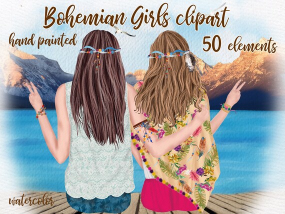 Hippie girls clipart: "BOHEMIAN GIRLS CLIPART" Boho girls Best friends clipart Hippie Best Friends Boho Besties best friends mug Bff Mug Png