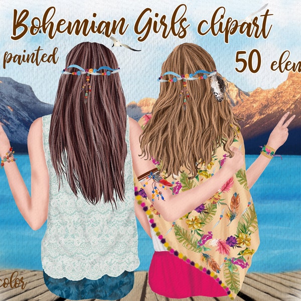 Hippie girls clipart: "BOHEMIAN GIRLS CLIPART" Boho girls Best friends clipart Hippie Best Friends Boho Besties best friends mug Bff Mug Png