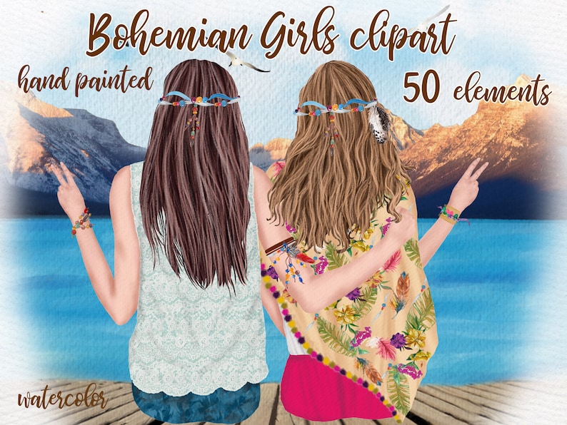 May include: Two watercolor illustrations of girls with long brown hair wearing bohemian style clothing and headbands. The girls are standing on a wooden dock with a lake and mountains in the background. The text "Bohemian Girls clipart" and "50 elements" is at the top of the image. The text "watercolor" is at the bottom of the image.