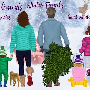Weihnachten Clipart: "FAMILY CLIPART" Winter Familie Winter Landschaft Weihnachtskarten Kiefer Baum Wald Eltern und Kinder Becher Design Xmas Grafik