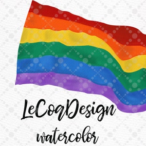 May include: A watercolor painting of a rainbow flag waving in the wind. The flag is made up of six stripes: red, orange, yellow, green, blue, and purple. The flag is on a white background with a subtle pattern of small circles.