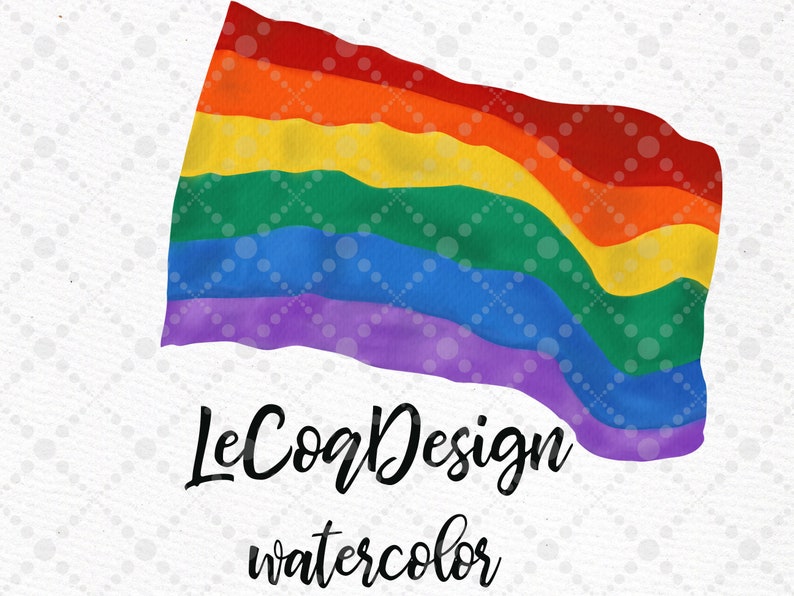 May include: A watercolor painting of a rainbow flag waving in the wind. The flag is made up of six stripes: red, orange, yellow, green, blue, and purple. The flag is on a white background with a subtle pattern of small circles.