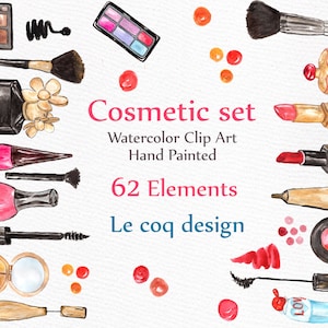 Watercolor Makeup Clipart: &quot;COSMETIC CLIP ART&quot; makeup set clip art Hand painted clipart diy elements Nail polish Lipstic perfume eyeshadow