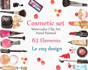 Watercolor Makeup Clipart: &quot;COSMETIC CLIP ART&quot; makeup set clip art Hand painted clipart diy elements Nail polish Lipstic perfume eyeshadow
