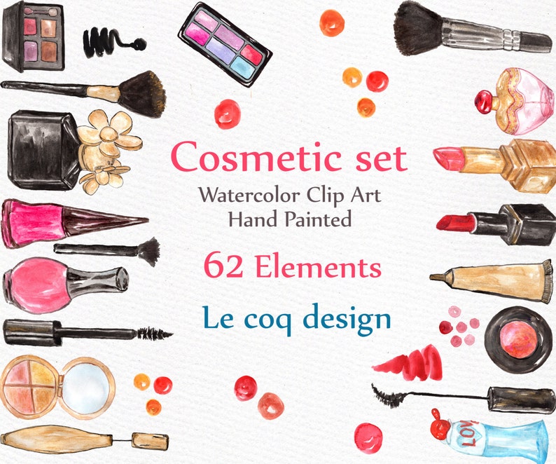 May include: Watercolor clip art set of 62 cosmetic elements, including lipstick, nail polish, mascara, eyeshadow palettes, perfume bottles, and brushes. The set is hand-painted and features a variety of colors and designs.