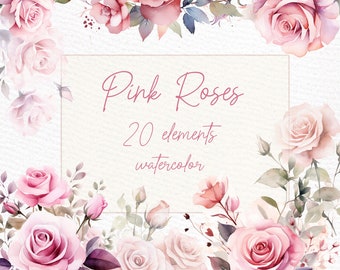Watercolor Pink Roses Clipart: Floral Borders & Wreaths (PNG)