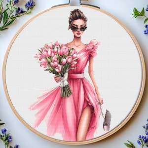 Parisian Girl Cross Stitch Pattern: Chic Flower Design (PDF Download for Pattern Keeper