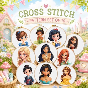 May include: A cross stitch pattern set of 10 featuring cartoon portraits of princesses in embroidery hoops. The text "CROSS STITCH PATTERN SET OF 10" is displayed at the top. The hoops are arranged in a circular pattern.