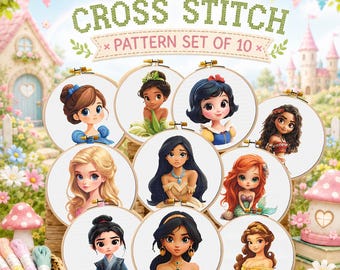 Prinzessin Kreuzstichmuster Bundle PDF, Set von 10 niedlichen Mädchen Stickmuster, Märchen Kreuzstichmuster, Fantasy Prinzessin Hoop Art