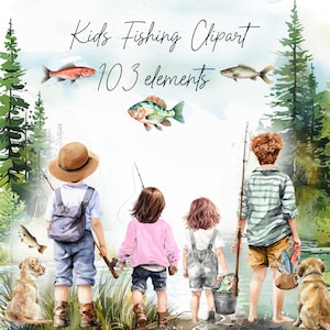 Clipart de pesca: "NIÑOS PESCA PNG" Pescando desde el barco Hermanos pescando Lago Paisaje Clipart personalizable Familia Pesca al aire libre