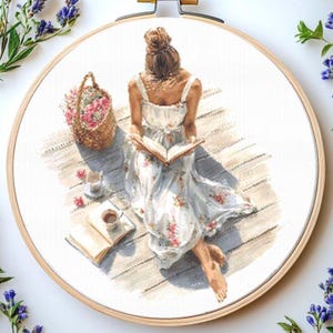 Girl Reading Book Cross Stitch Pattern: &quot;GIRL WITH BOOK&quot; Girl Cross Stitch Pdf Reading girl cross stitch pattern Woman Reading Book Stitch