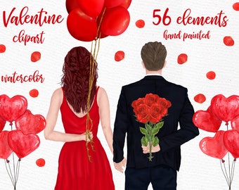 Couples Clipart: "VALENTINES COUPLES" Boyfriend Girlfriend Couple portrait Watercolor People Engagement clipart Love clipart  Custom People