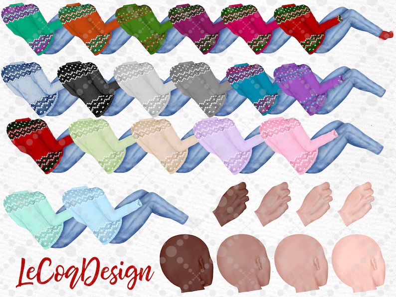 May include: A digital illustration of a set of 20 different coloured sweaters with a white snowflake pattern. The sweaters are worn by a pair of blue jeans legs. The illustration also includes 4 hands and 4 heads in different skin tones. The text "LeCoqDesign" is at the bottom of the image.
