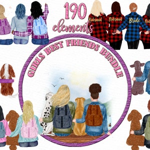 Mädchen Clipart Bundle: "BEST FRIEND CLIPART" Planer Mädchen Wald Landschaft Besties Clipart Bff Clipart Buffalo Karierte Shirts Tasse Sublimations