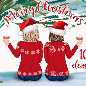 Christmas Girls Clipart: "BEST FRIEND CLIPART" Diseño de taza navideña Clipart personalizable Bff clipart Suéteres a juego Paisaje navideño