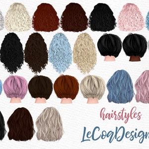 May include: A collection of 25 different hairstyles for digital design, featuring various colors and styles, including curly, wavy, and straight hair. The hairstyles are arranged in rows and are ready to be used in digital projects.