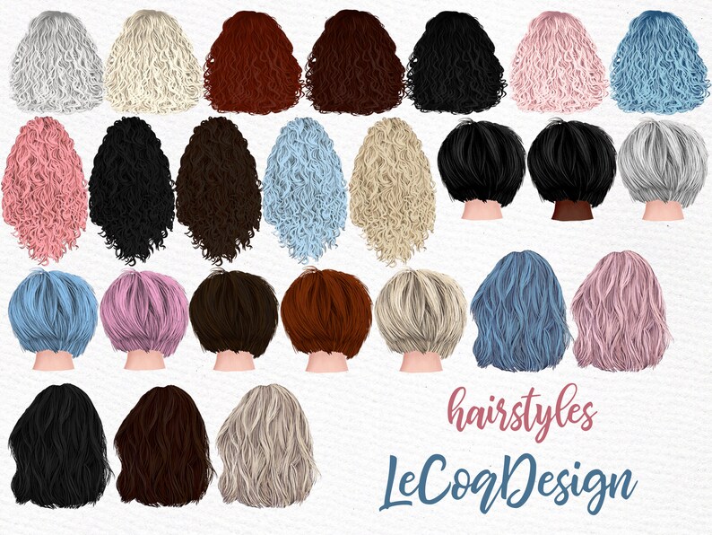 May include: A collection of 25 different hairstyles for digital design, featuring various colors and styles, including curly, wavy, and straight hair. The hairstyles are arranged in rows and are ready to be used in digital projects.
