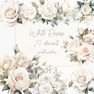 Witte rozen clipart: "Aquarel rozen CLIPART" witte roos bloemen clipart bloemen grenzen PNG premade kransen clipart bruiloft rozen PNG