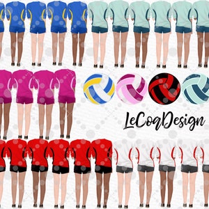 May include: A digital illustration of 18 volleyball players wearing different colored jerseys. The players are standing in three rows of six. The players are all facing away from the viewer. There are five volleyball balls in the center of the image. The text "LeCoqDesign" is at the bottom of the image.