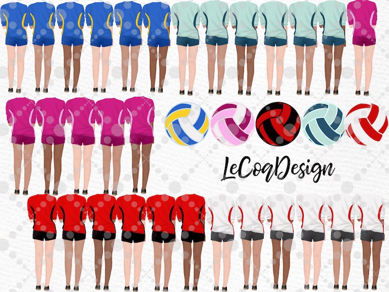 May include: A digital illustration of 18 volleyball players wearing different colored jerseys. The players are standing in three rows of six. The players are all facing away from the viewer. There are five volleyball balls in the center of the image. The text "LeCoqDesign" is at the bottom of the image.