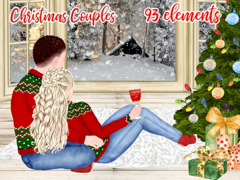 May include: A couple wearing red and green Christmas jumpers sit by a window with a snowy winter scene. The woman is holding a glass of red wine. A decorated Christmas tree with baubles and presents is in the foreground. The text "Christmas Couples 93 elements" is at the top of the image.