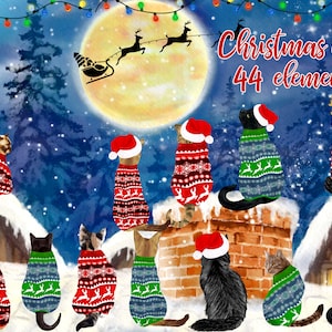 Christmas Cats Clipart: "CHRISTMAS PETS" Gatos en el techo Paisaje navideño Taza de Navidad Sublimación navidad Suéteres navideños Amante de los gatos