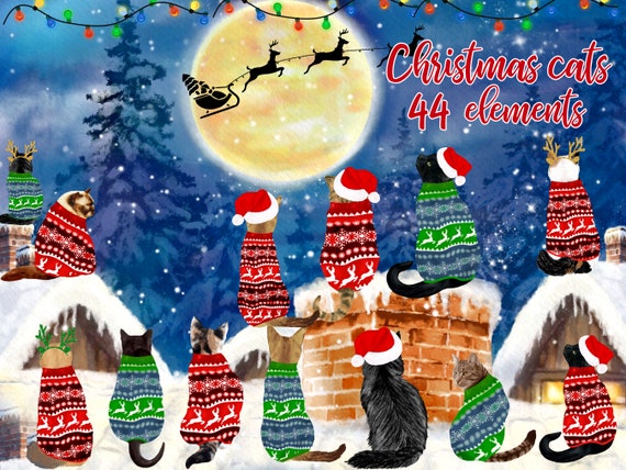 Christmas Cats Clipart: "CHRISTMAS PETS" Cats on the roof Christmas landscape Christmas Mug Xmas sublimation Christmas Sweaters Cat lover