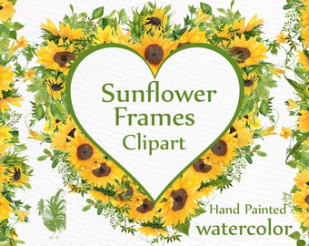 Sunflower Watercolor Frames clipart: "SUNFLOWER CLIPART" Wedding clipart Floral Wreaths Yellow Flowers Floral Illustration DIY Wedding