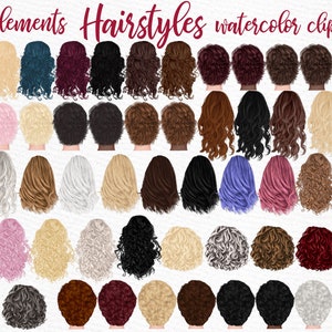 Clipart di acconciature: "GIRLS CLIPART" Acconciature personalizzate Capelli lunghi Clipart di capelli di ragazza Capelli di ragazza calva Clipart di acquerello Acconciature di donne grigie