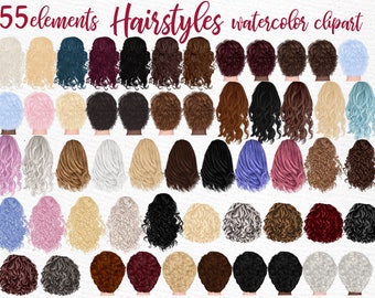 Hairstyles clipart: &quot;GIRLS CLIPART&quot; Custom hairstyles Long hair Girls hair clipart Bald Girl Hair Watercolor clipart Grey Women hairstyles